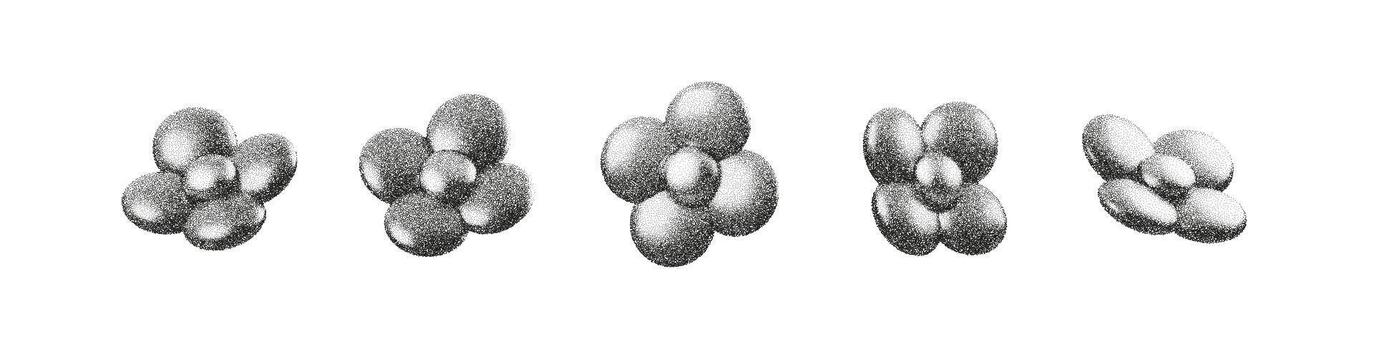 Dot flower shapes with grain and noise create a soft 3D botanical effect. Stipple shading, halftone texture and gentle gradation form an abstract floral pattern perfect for retro graphic design vector