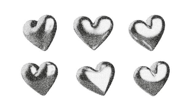 Stipple heart shapes with grain, noise and halftone texture. Abstract 3D hearts with soft fade, dust and spray effect. Grainy heart elements perfect for retro design and textured graphic compositions vector