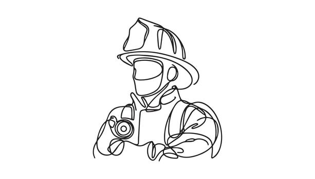 continuous line drawing of a firefighter with a helmet vector