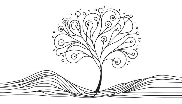 a tree with swirls on it in a line drawing vector