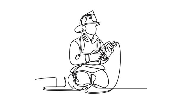 continuous line drawing of a firefighter with hose vector