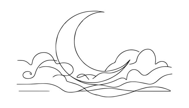 continuous line drawing of a moon and clouds vector