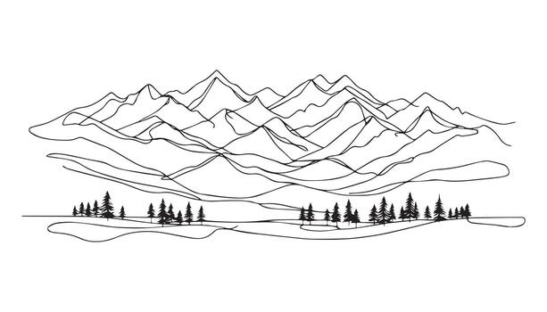 continuo línea dibujo de montañas y arboles vector