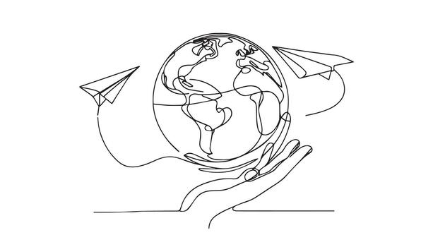 continuous line drawing of a hand holding a globe with paper airplanes vector