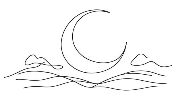 continuous line drawing of the moon and waves vector