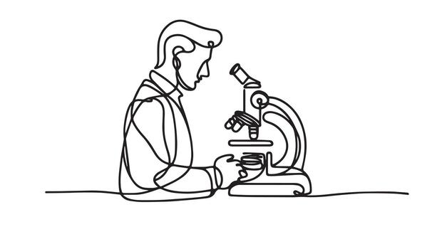 continuous line drawing of a man looking through a microscope vector