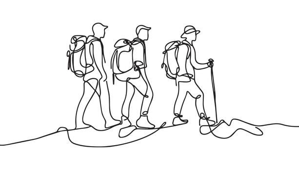 a continuous line drawing of three hikers with backpacks vector