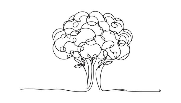 continuous line art drawing of a tree with leaves vector
