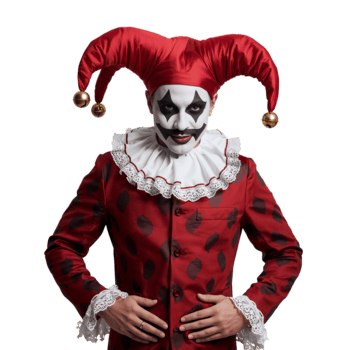 Jester Performing in a Red Costume With Polka Dots During a Festive Event in a Studio Setting png