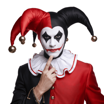 Jester Performing in a Red Costume With Polka Dots During a Festive Event in a Studio Setting on transparent png