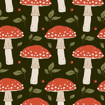 Botanical seamless pattern with fly agaric and leaves on a dark background. illustration, flat style. Perfect for wallpaper, wrapping paper, textile, fabric. Forest print with mushrooms. vector