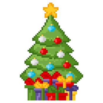 Decorated Christmas Tree, gift pixel art game icon. Retro computer 8 bit pixelated holiday element tree with lights, star, balls vector