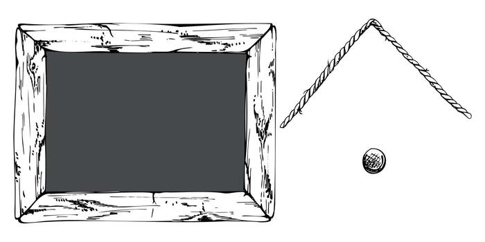 Chalkboard sign with copy space in distressed white wooden border frame with craquelures, hanger rope and nail. Single object isolated illustration hand drawn in ink. Bar, cafe signage display vector