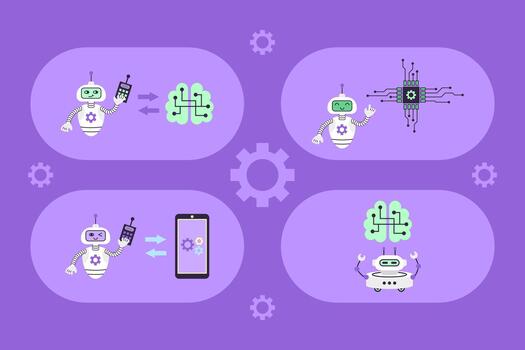 Robots remotely control smartphones, chips, and brains. Modern technologies in business and medicine. Virtual assistant artificial intelligence. Set of 4 illustrations. vector
