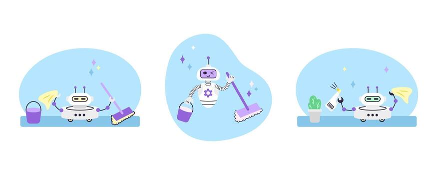 Set of cleaning robots. The robot cleans and does housework. Smart home and artificial intelligence concept. illustration. vector