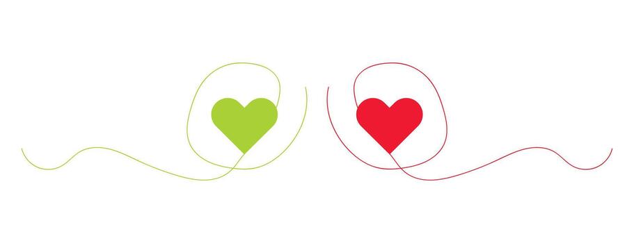 Heart Symbol Continuous Line Art Illustration, Simple Love Relationship Concept, Abstract Heart Design Minimal Graphic, Green Red Hearts Thin Line Drawing Connection vector