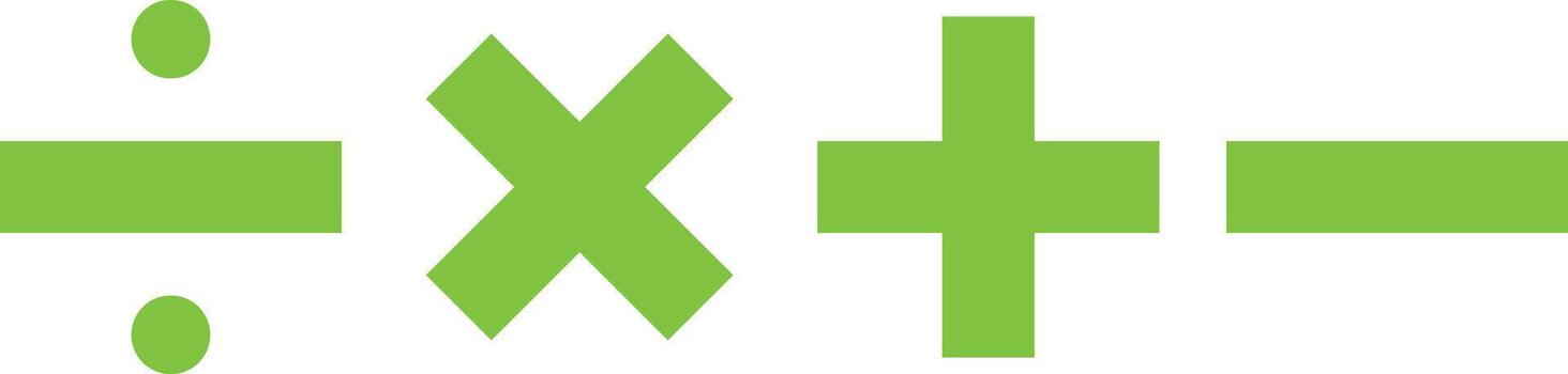 Green Mathematical Arithmetic Operator Icons Set, Basic Plus Minus Multiplication Division Symbols, Education Graphic Element, Calculation Signs, Simple Learning Tool vector