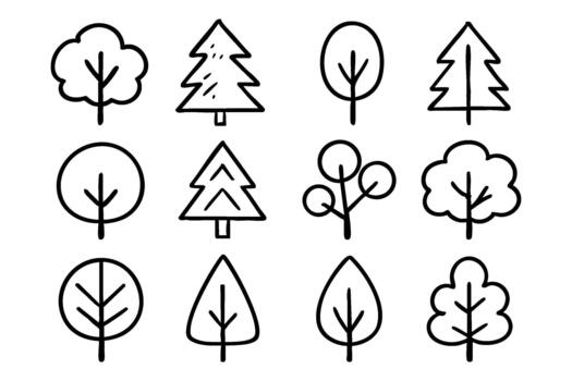 Trees doodle icon set, nature elements and forest trees. stock vector