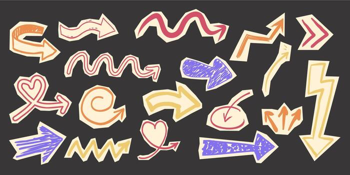 Scrapbook set with paper arrow cutout torn doodle scribble collage elements. Y2k swirl, up and down, right and left arrow collection vector