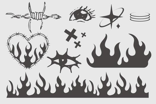 Y2k geometric elements border set, heart with flame, barbed wire, grid pattern. Groovy cyber retro design elements vector
