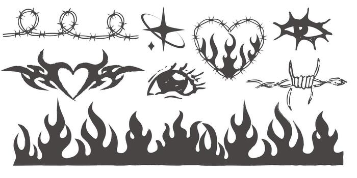 Y2k geometric set elements border set, heart with flame, barbed wire, grid pattern. Groovy cyber retro design elements. vector