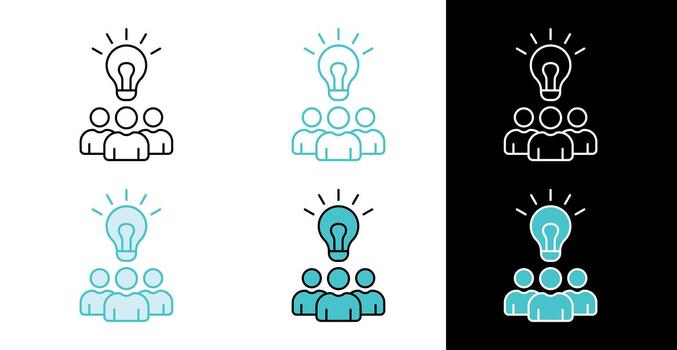 Team brainstorming light bulb icon for creative collaboration in line and fill style vector
