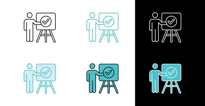 Person presenting check mark on board icon for training approval and onboarding in line and fill style vector
