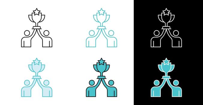 Two people lifting trophy with star icon for teamwork achievement and recognition in line and fill style vector