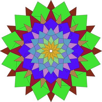 Vibrant geometric mandala pattern with colorful triangles and squares design. vector