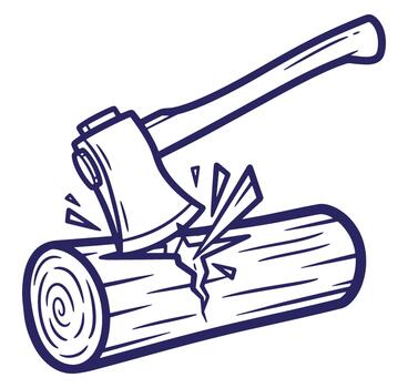 Axe splitting a log illustration in a simple hand drawn cartoon style vector