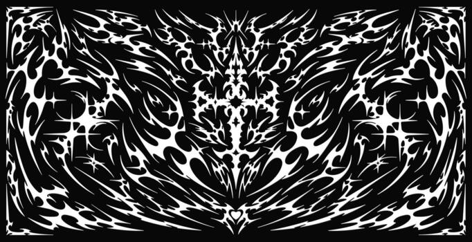Neo tribal symmetrical frame. Sharp Y2K cyber sigilism design with heart, cross, stars, and liquid demon shapes. Illustration background vector