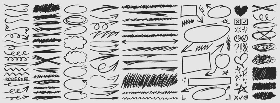 Collection of doodles and scribble. Hand-drawn geometric, call out box, cloud, pointing arrows, shapes vector