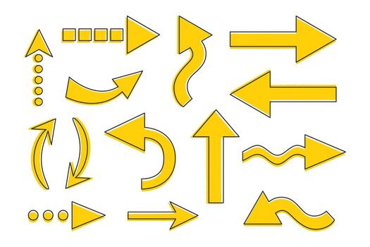 Collection of yellow arrows with a torn edge and outline. Arrows with different shapes and directions, dotted arrows vector