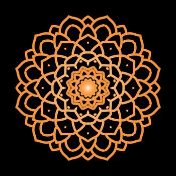 A mesmerizing orange mandala design with intricate patterns on a black background vector