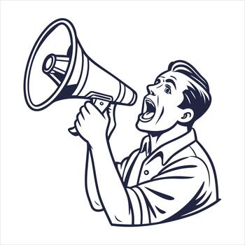 hombre gritos dentro un megáfono aislado en blanco antecedentes ilustración vector