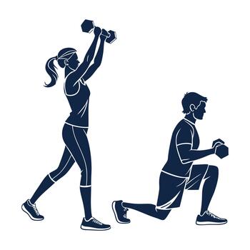 Two people exercising with dumbbells isolated on white background vector