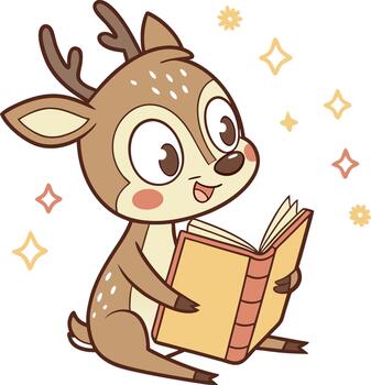 Cute deer reading a book with sparkles isolated on white background vector