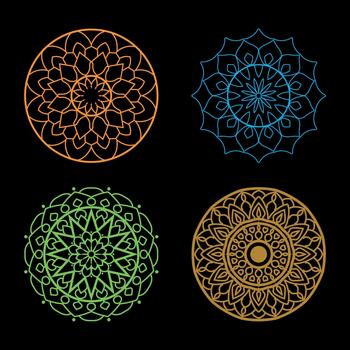 Four colorful mandala patterns arranged on a black background, symmetrical design vector