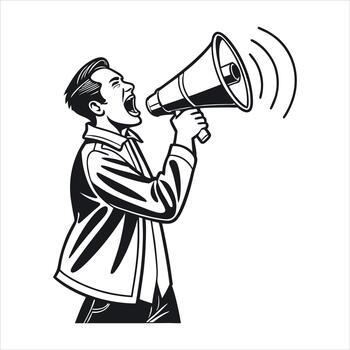 hombre gritos dentro un megáfono aislado en blanco antecedentes a amplificar su voz vector