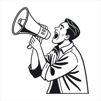 hombre gritos dentro un megáfono aislado en blanco antecedentes a hacer anuncio vector