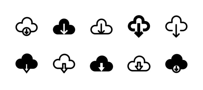 Cloud Download Icon Set Line and Solid style for Data Retrieval vector