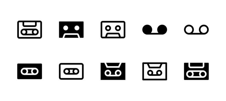 Cassette Icon Set Line and Solid style for Retro Audio vector