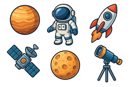 Adventure in space with astronaut, rocket, and celestial objects vector