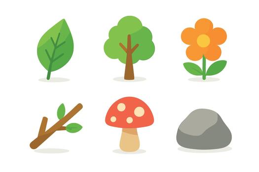 Nature elements featuring leaf, tree, flower, mushroom, twig, and rock vector