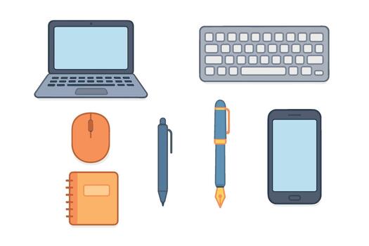 Workplace tools with laptop, keyboard, mouse, notebook, and pen vector