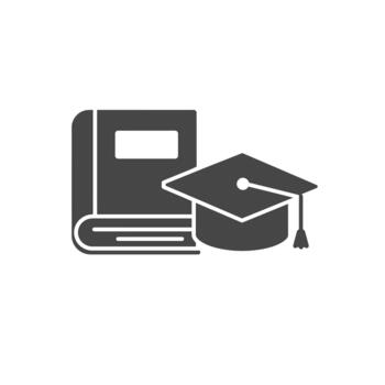 Solid icon of a book and graduation cap representing structured learning and academic achievement vector