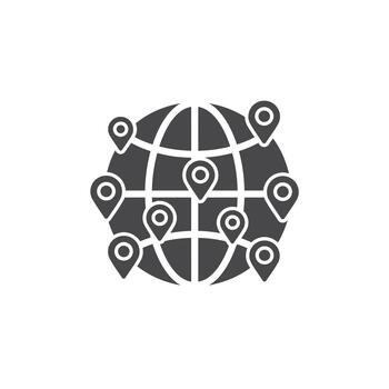Globe with location pins icon for international sourcing and global supply chain network management vector