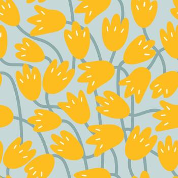 un sin costura modelo con delicado amarillo primavera tulipanes en un turquesa antecedentes. plano resumen ilustración. vector