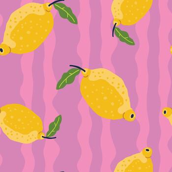 Pattern seamless pattern with yellow lemons on a pink background. Summer repeating pattern, packaging design. Flat illustration. vector