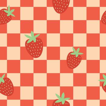 A pattern of sweet strawberries on a checkered background. Seamless design for fabric, gift wrap, or summer picnics. Flat style. vector